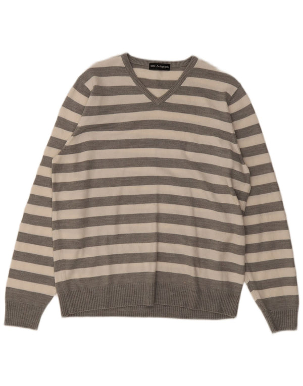 Marks & Spencer Mens Autograph V-Neck Jumper Sweater Medium Grey Striped