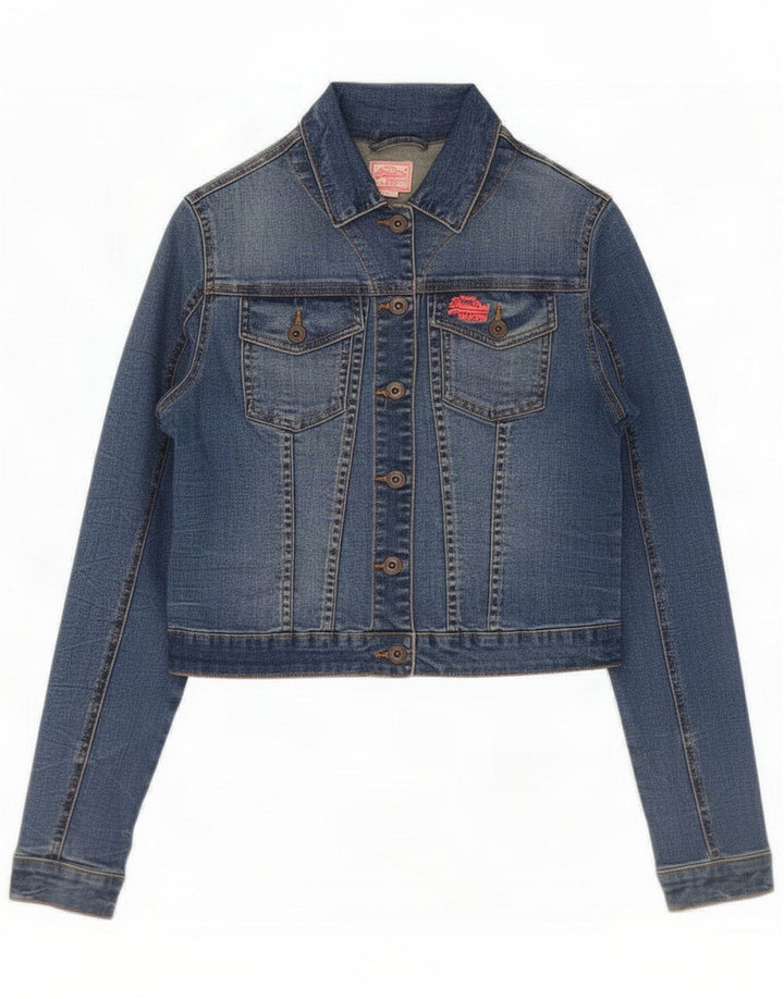 Superdry Damen Crop Denim Jacke UK 12 Mittelblaue Baumwolle