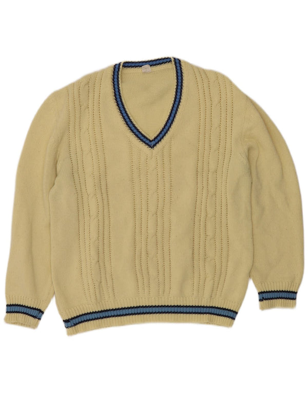 Vintage Mens V-Neck Jumper Sweater Large Yellow Striped Acrylic