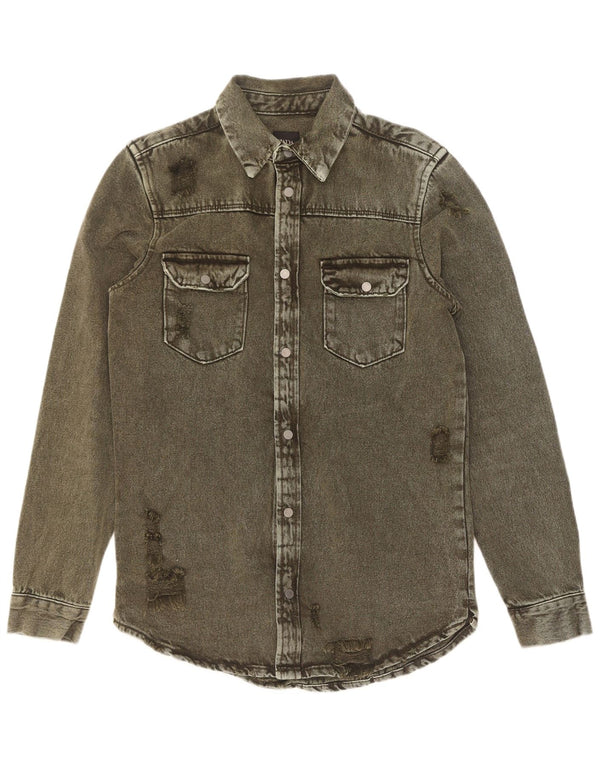 Zara Mens Distressed Relaxed Fit Denim Shirt Small Khaki Cotton