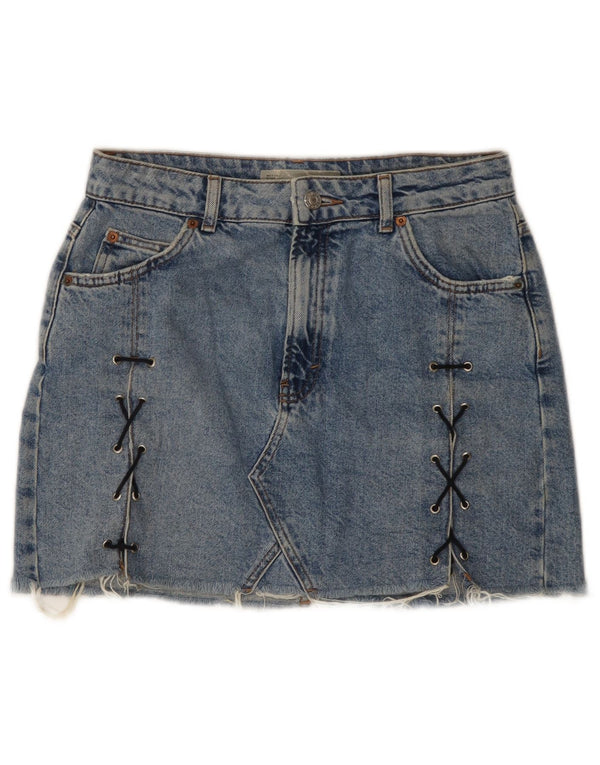 Mini gonna di jeans da donna Topshop UK 10 piccola W28 cotone blu