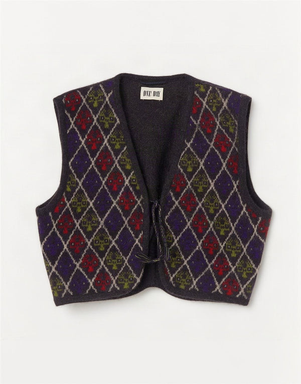 Vintage Mens Crop Knit Waistcoat UK 14 Large Multicoloured Argyle/Diamond