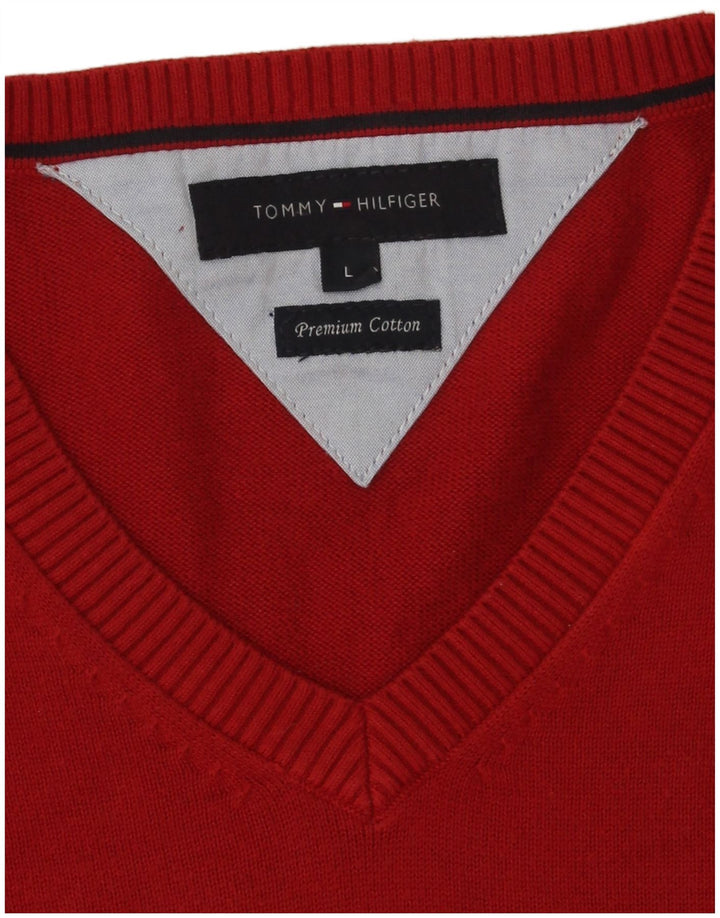 Tommy Hilfiger Mens V-Neck Jumper Sweater Large Red Cotton