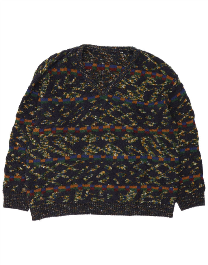 Vintage Mens V-Neck Jumper Sweater XL Multicoloured Geometric Wool