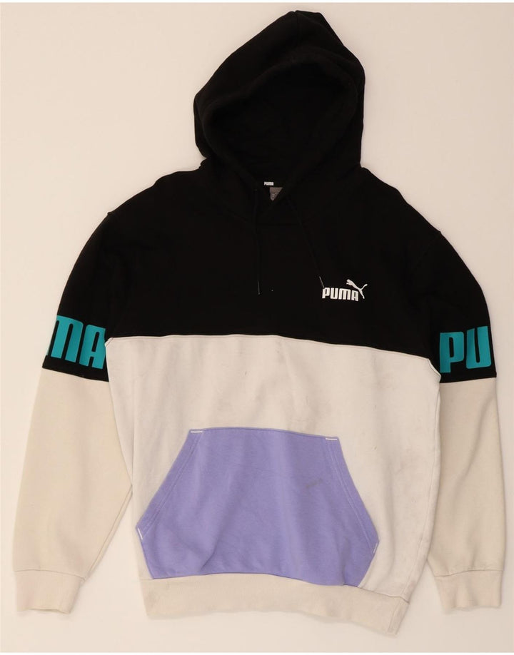 PUMA Mens Graphic Hoodie Jumper Medium Black Colourblock Vintage Puma and Second-Hand Puma from Messina Hembry 