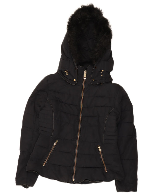 Zara Damen Crop Hooded Wattierte Jacke UK 16 Large Schwarz Polyester
