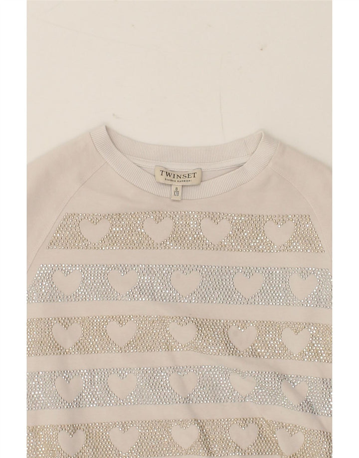 TWINSET Girls Graphic Sweatshirt Jumper 7-8 Years White Cotton Vintage Twinset and Second-Hand Twinset from Messina Hembry 