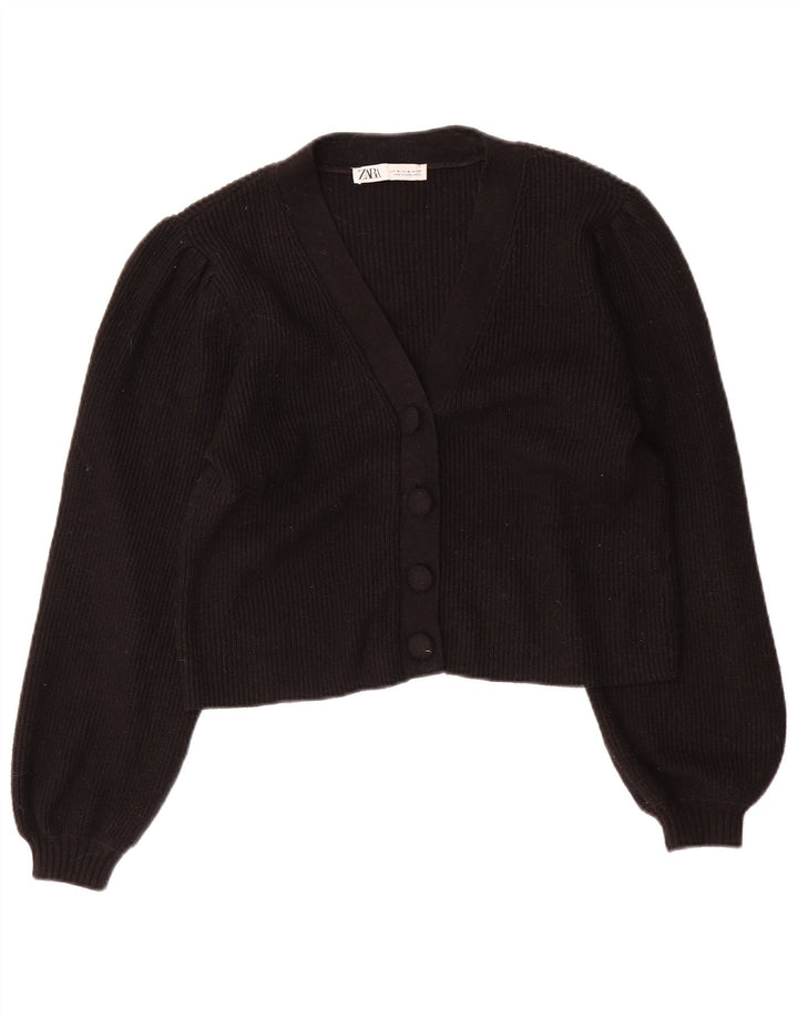Zara Womens Crop Cardigan Sweater UK 12 Medium Black Viscose