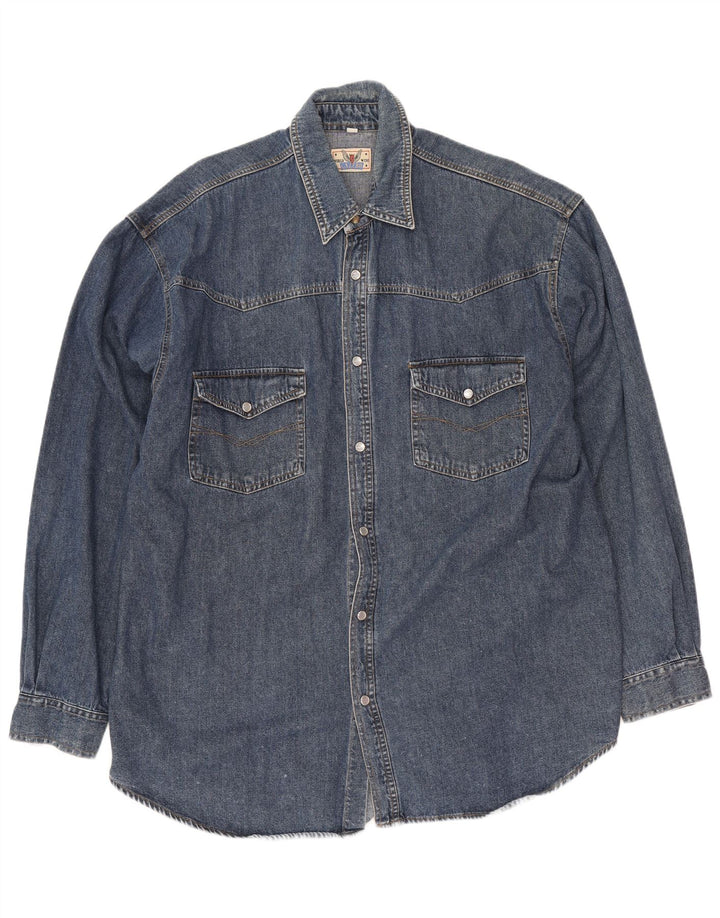 Camisa jeans masculina vintage de algodão azul marinho médio