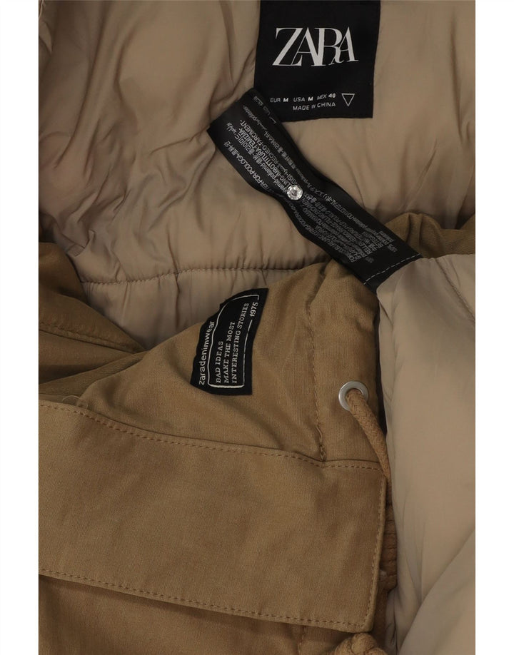 Zara Mens Hooded Loose Fit Padded Jacket UK 38 Medium Beige Polyester