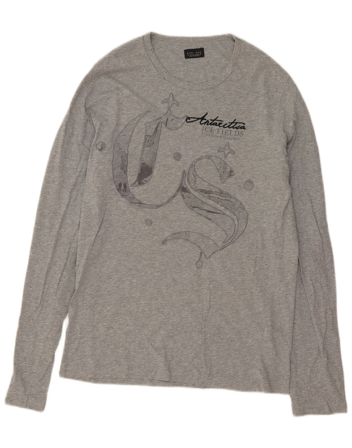 Zara Mens Graphic Top Long Sleeve Medium Grey Cotton