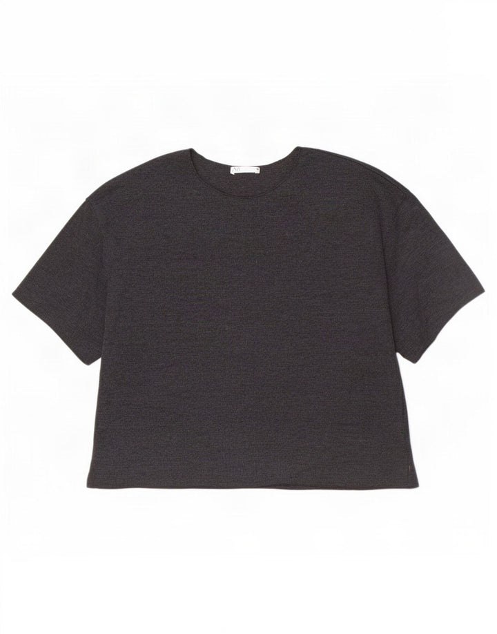 Zara Camiseta Mujer Top UK 12 Algodón Gris Medio