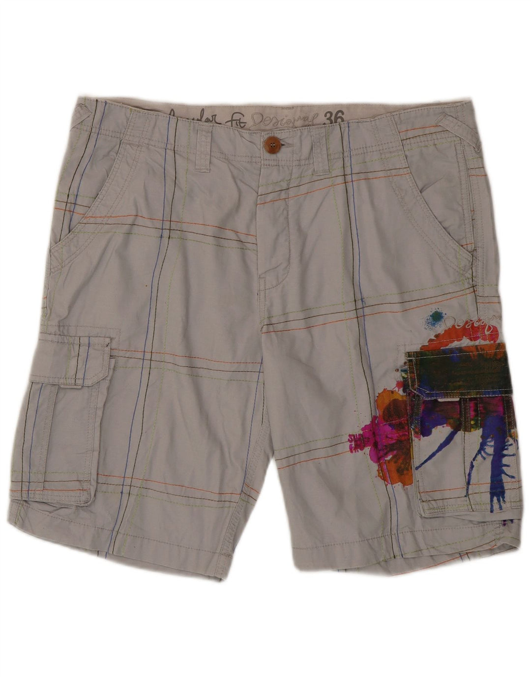 Desigual Short cargo graphique W36 pour homme en coton à carreaux gris grand