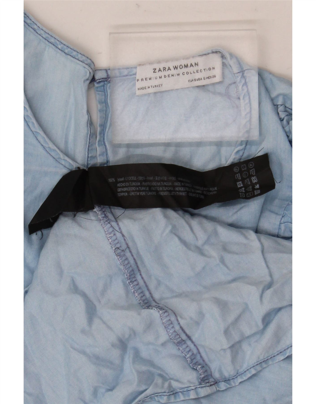 Zara Dame 3/4 ærmer flæse foran bluse Top UK 10 Small Blue Lyocell