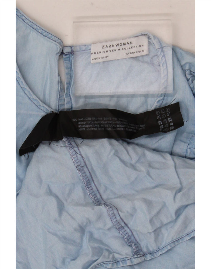 Zara Dame 3/4 ærmer flæse foran bluse Top UK 10 Small Blue Lyocell
