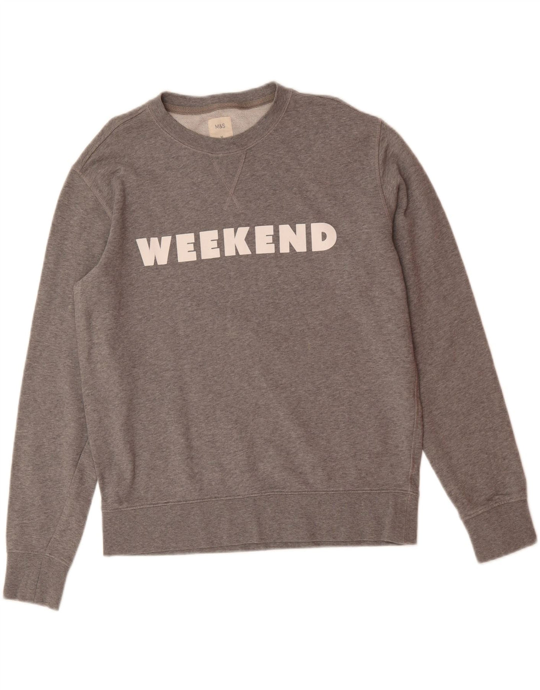 MARKS & SPENCER Mens Weekend Graphic Sweatshirt Jumper Medium Grey Cotton Vintage Marks & Spencer and Second-Hand Marks & Spencer from Messina Hembry 