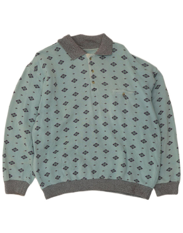Vintage Mens Polo Neck Sweatshirt Jumper Medium Blue Geometric Cotton