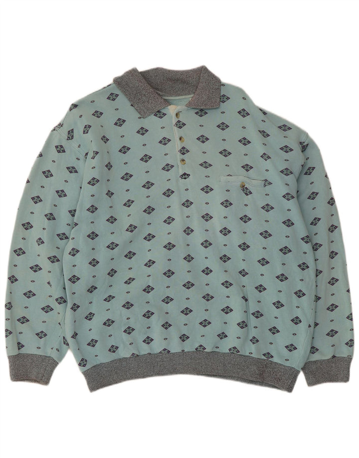 Vintage Mens Polo Neck Sweatshirt Jumper Medium Blue Geometric Cotton