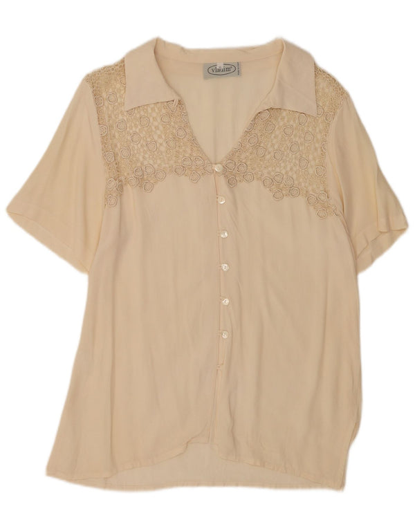 Vintage Damen Kurzarm-Hemdbluse UK 20 2XL Beige Seide