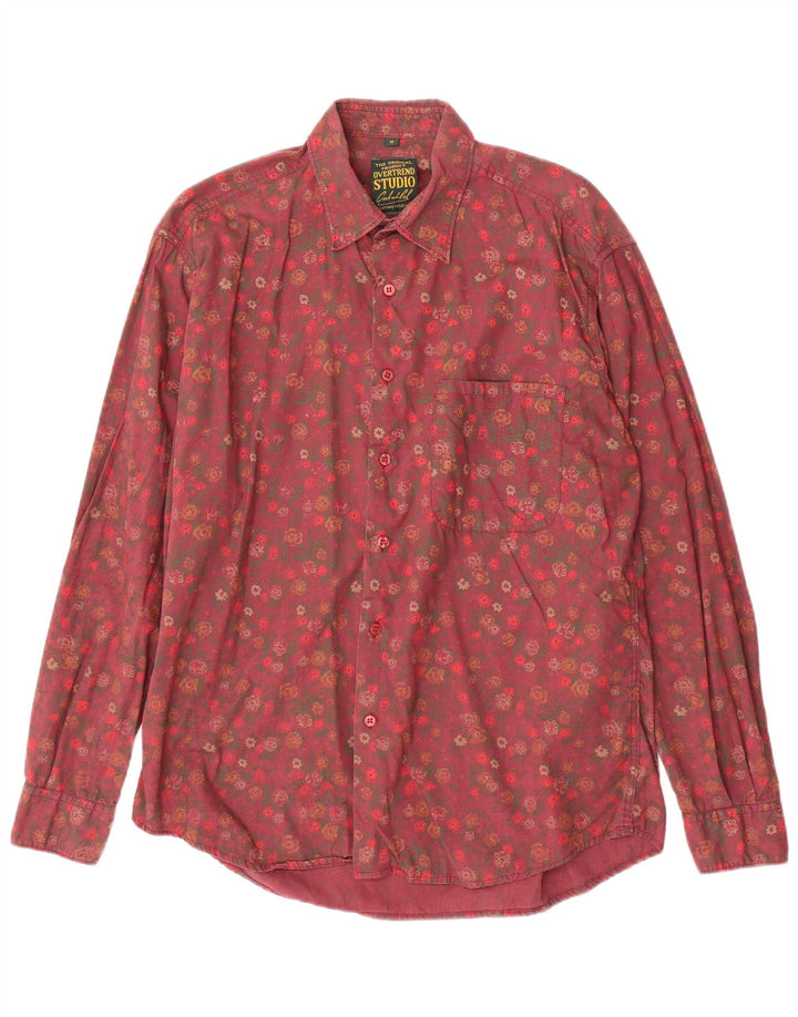VINTAGE Mens Shirt Medium Pink Floral Cotton