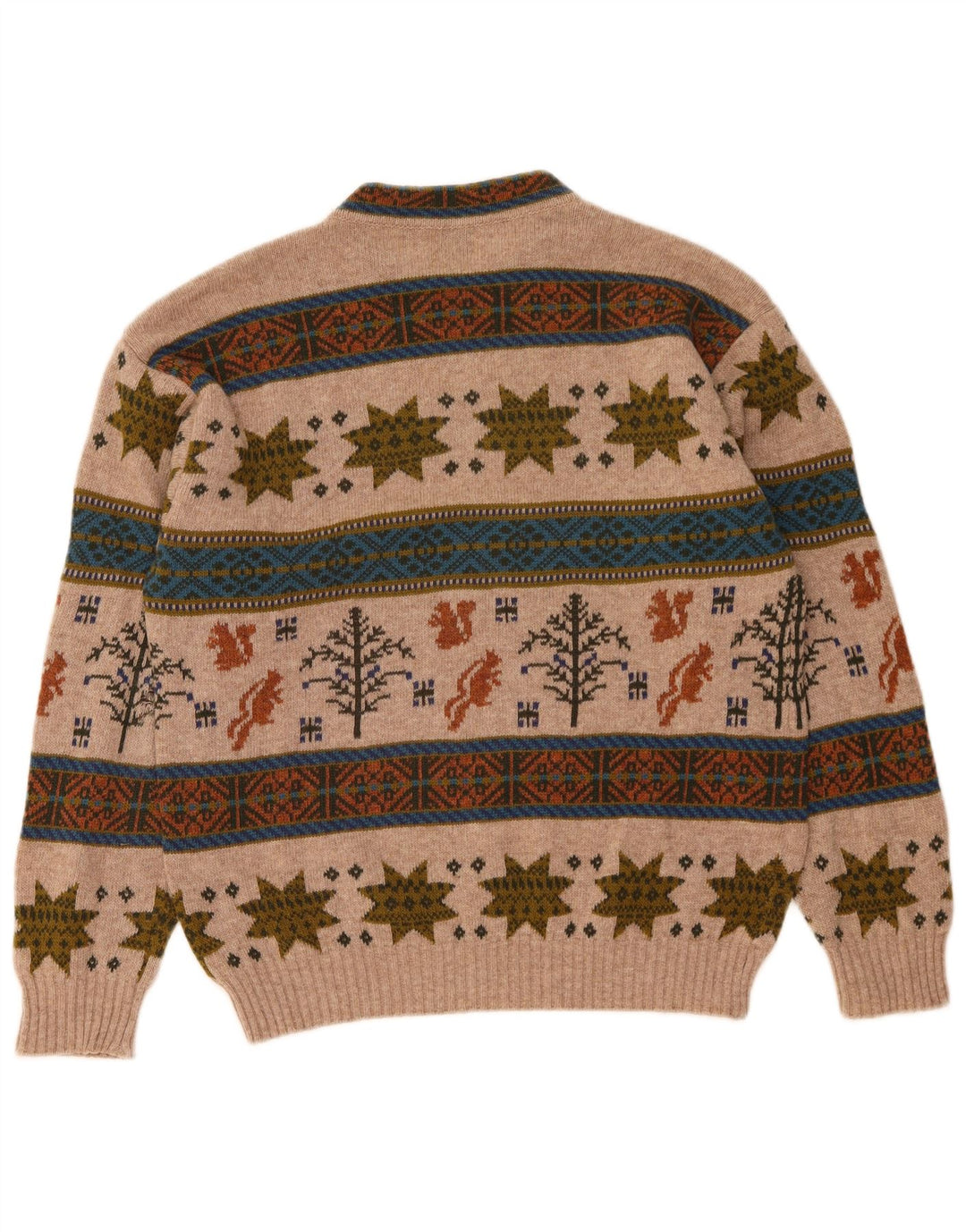 Benetton Mens Crew Neck Jumper Sweater Medium Beige Fair Isle Wool