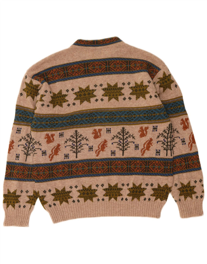 Benetton Mens Crew Neck Jumper Sweater Medium Beige Fair Isle Wool
