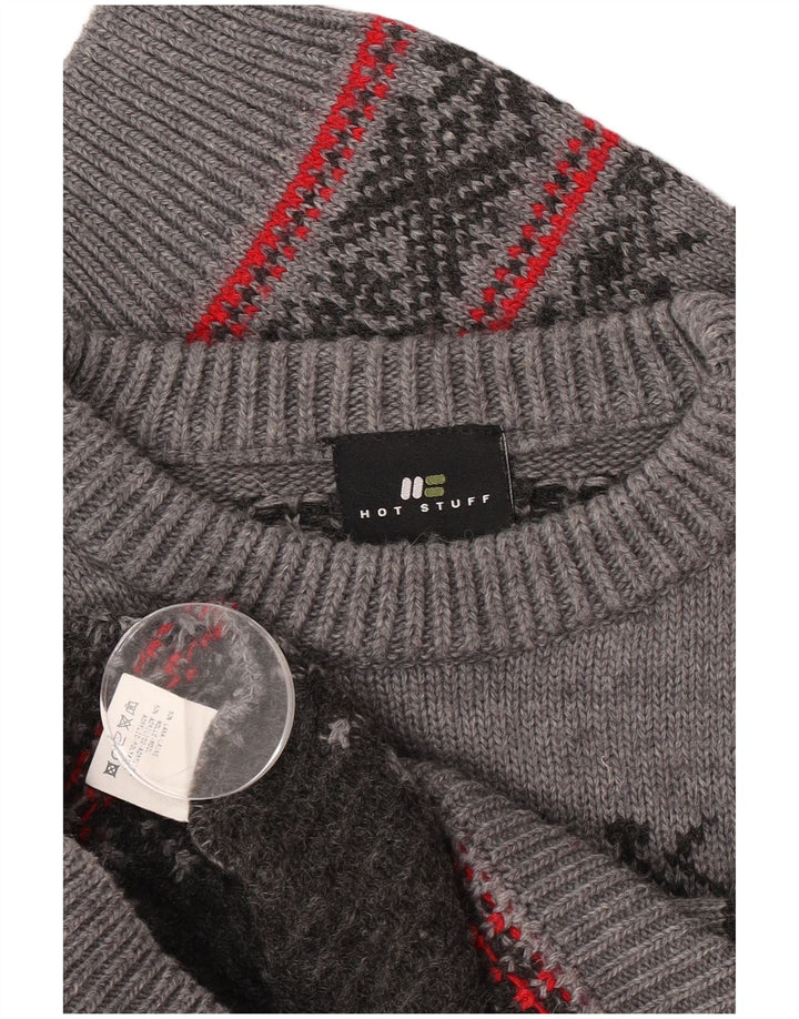 Hot Stuff Herren-Pullover mit Rundhalsausschnitt, groß, graue Fair-Isle-Wolle