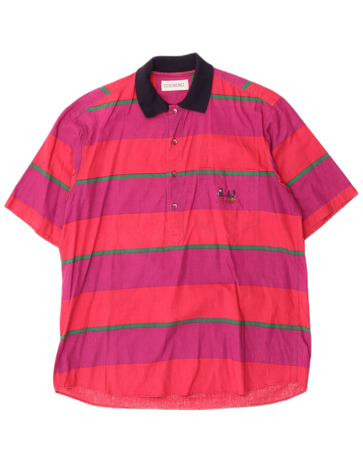 ICEBERG Mens Short Sleeve Pullover Shirt Large Purple Striped Cotton