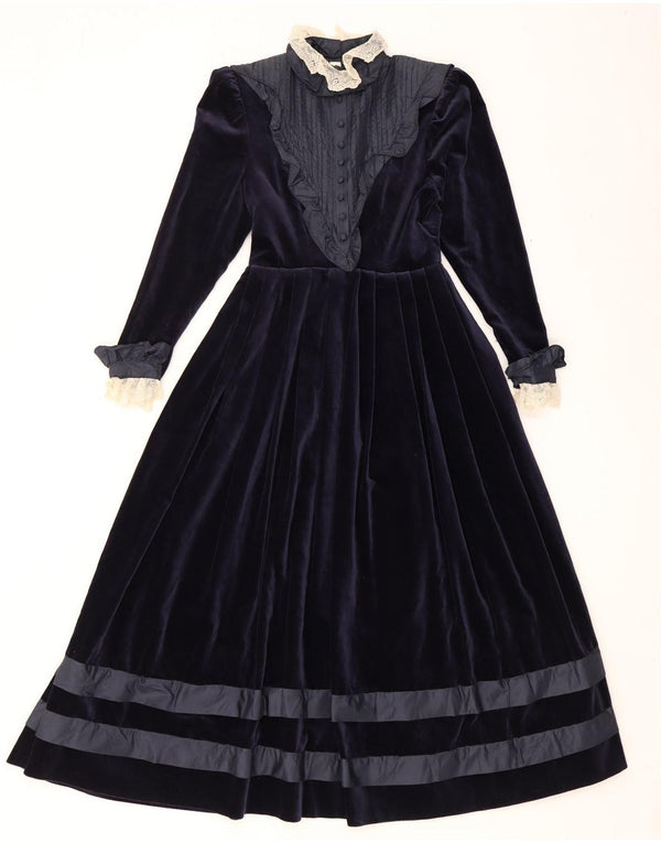 Vintage Dame Langærmet Velvet Maxi Dress UK 8 Small Navy Blue Floral