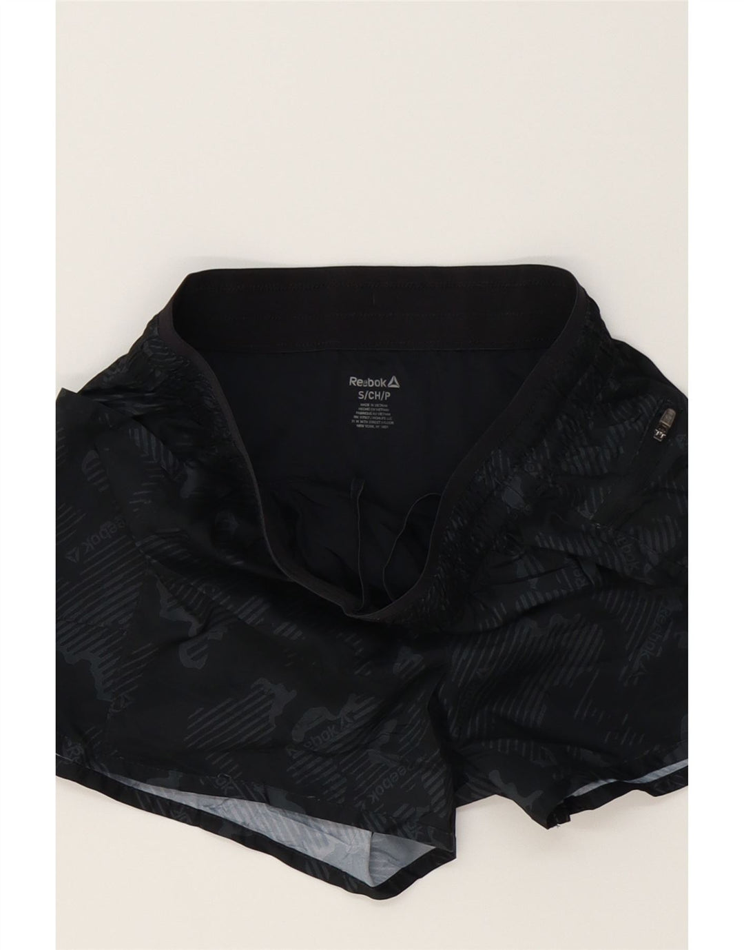 REEBOK Womens Graphic Sport Shorts UK 10 Small  Black Striped Polyester Vintage Reebok and Second-Hand Reebok from Messina Hembry 