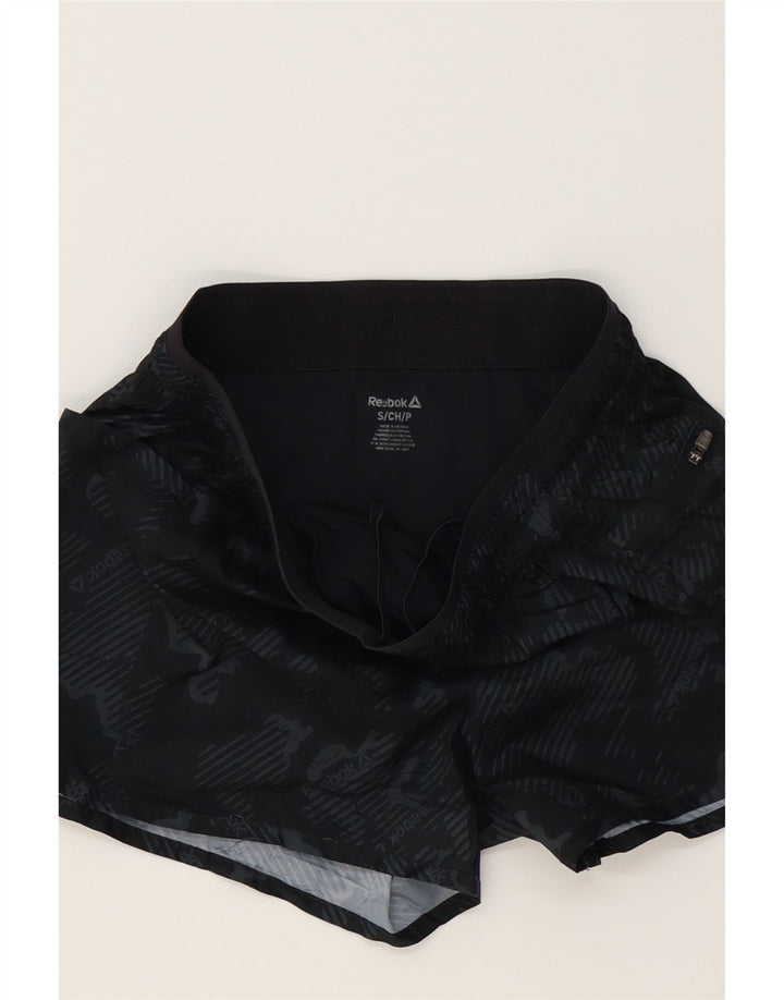 REEBOK Womens Graphic Sport Shorts UK 10 Small  Black Striped Polyester Vintage Reebok and Second-Hand Reebok from Messina Hembry 