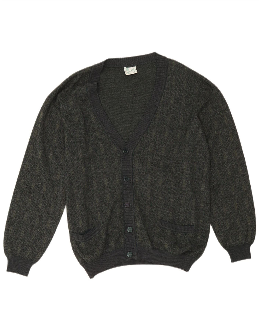 Vintage Mens Cardigan Sweater Large Khaki Geometric Wool