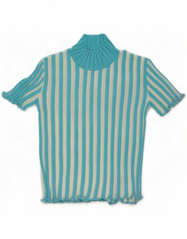 Maglione vintage da donna a maniche corte con collo alto e collo alto UK 6 XS a righe blu