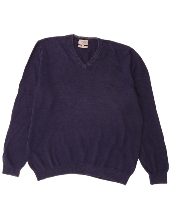 Marks & Spencer Mens V-Neck Jumper Sweater XL Navy Blue Cotton