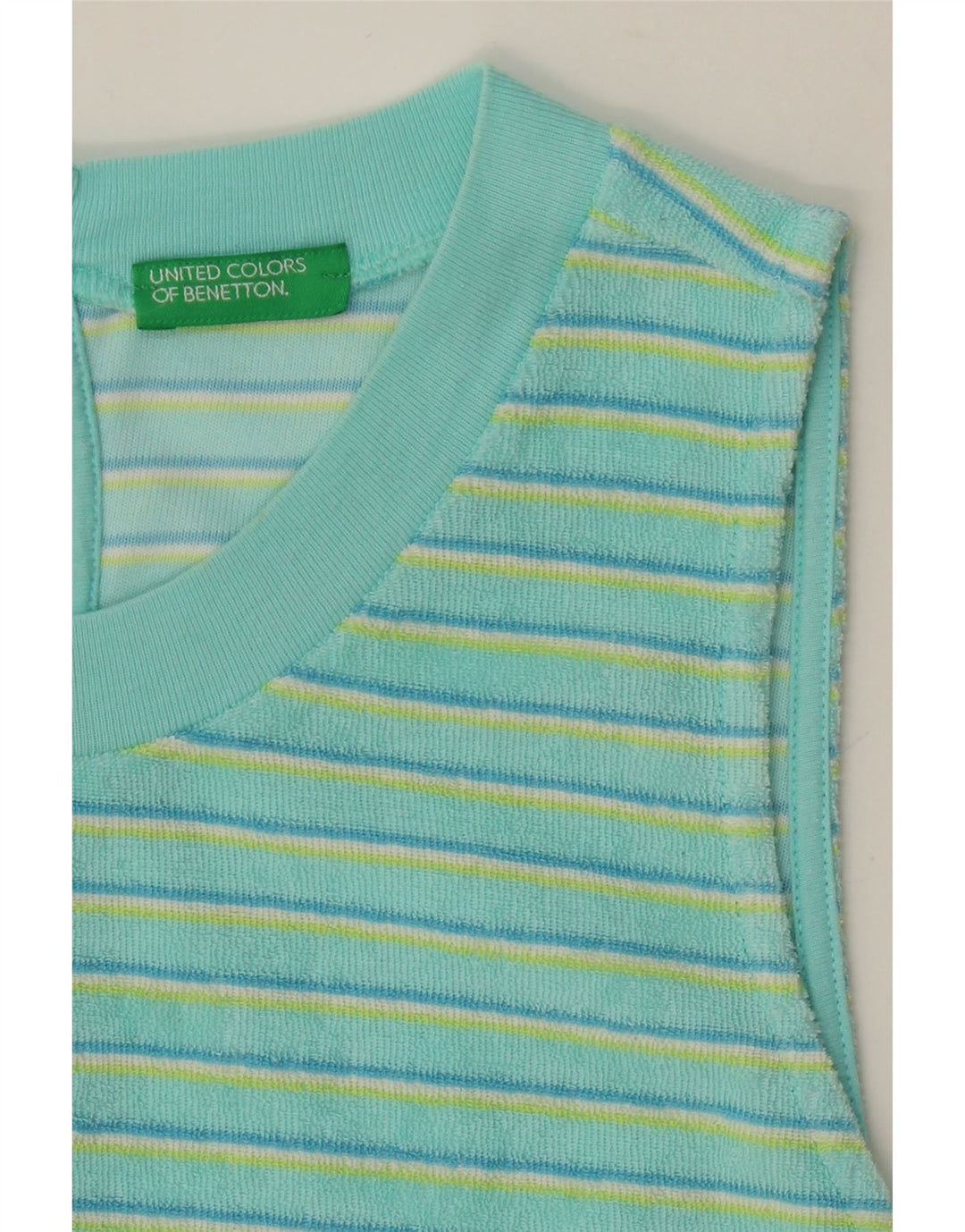 BENETTON Womens Sleeveless Shift Dress UK 12 Medium Turquoise Striped Vintage Benetton and Second-Hand Benetton from Messina Hembry 