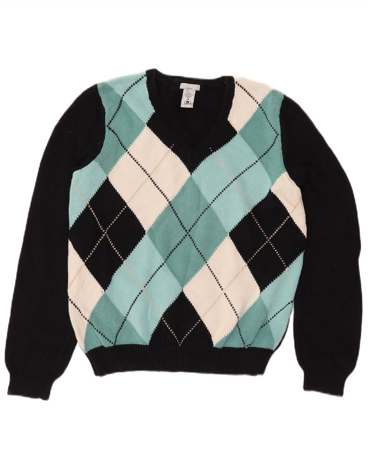 IZOD Dame Golf V-hals sweater UK 12 Medium Black Argyle/Diamond