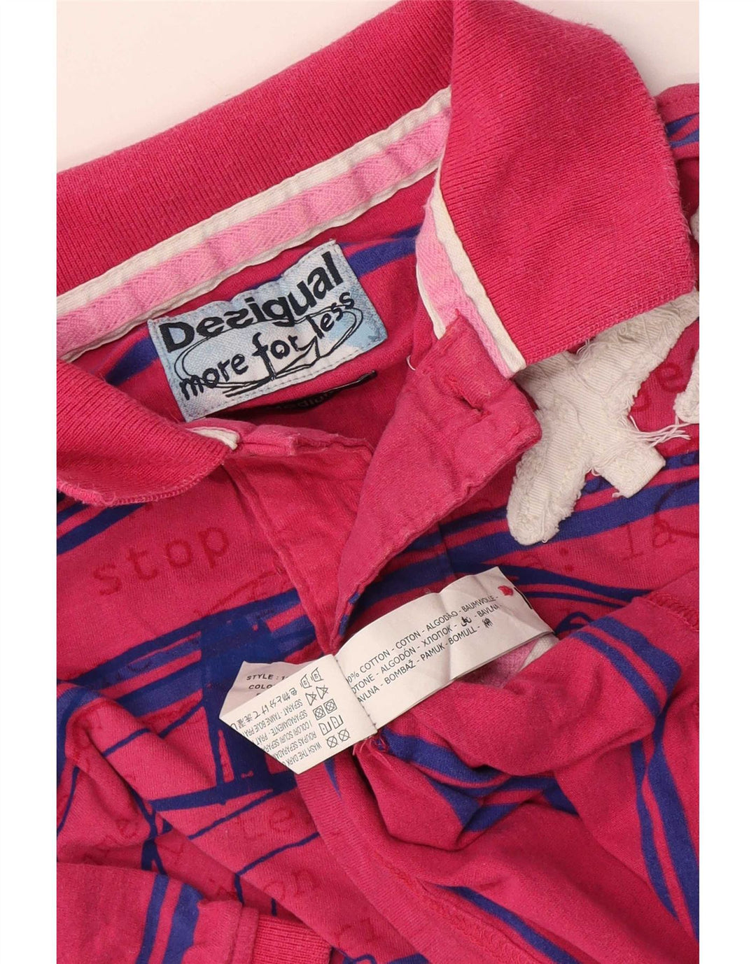 Desigual Mens Graphic Polo Shirt Medium Pink Striped Cotton