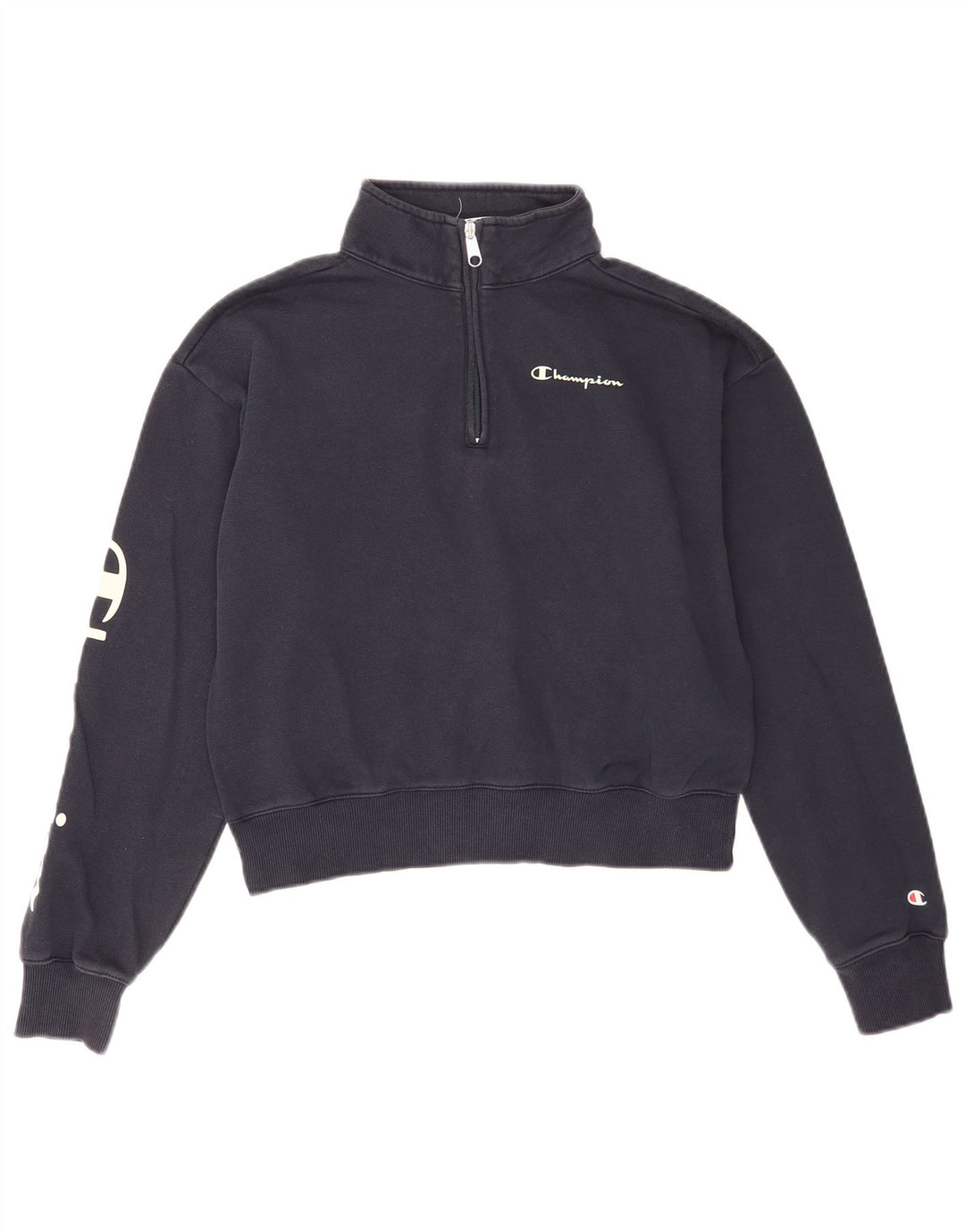 Champion Womens Crop Graphic Sweatshirt Jumper UK 14 Medium Navy Blue