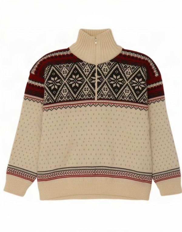 Campagnolo Pull à col zippé pour homme Large en laine Fair Isle blanc cassé