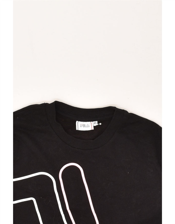 FILA Womens Longline Graphic Sweatshirt Jumper UK 6 XS Black Cotton | Vintage Fila | Thrift | Second-Hand Fila | Used Clothing | Messina Hembry 
