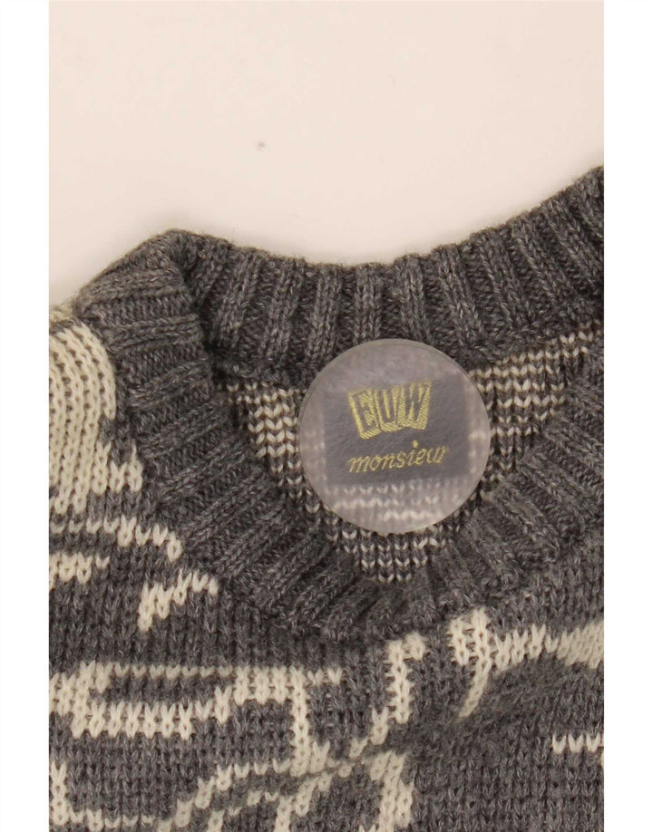 Vintage Mens Abstract Pattern Crew Neck Jumper Sweater Small Grey