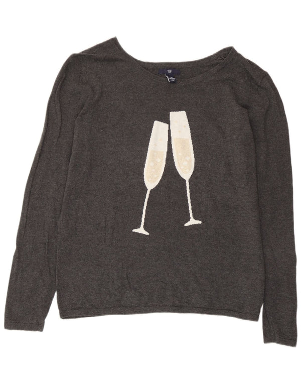 Gap Womens Graphic Boat Neck Jumper Sweater UK 14 Large Grey Cotton