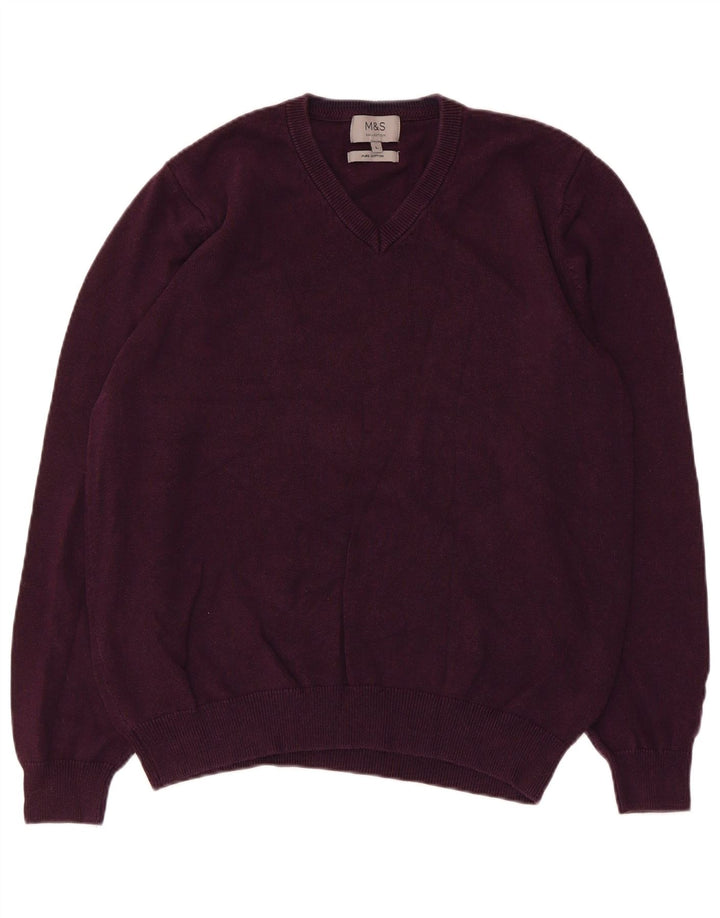 Marks & Spencer Mens V-Neck Jumper Sweater Large Purple Cotton