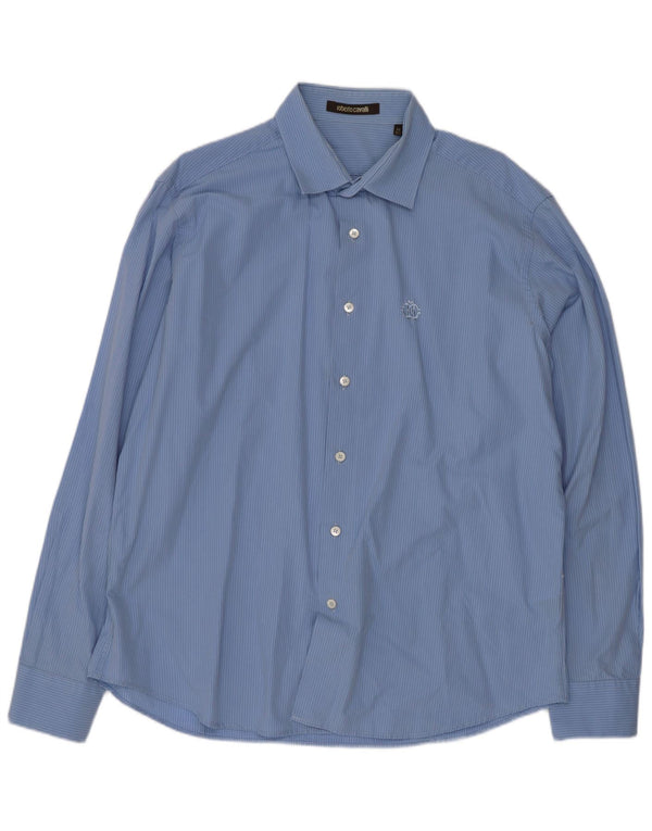 Roberto Cavalli Chemise homme Taille 44 17 1/2 XL Coton à fines rayures bleues