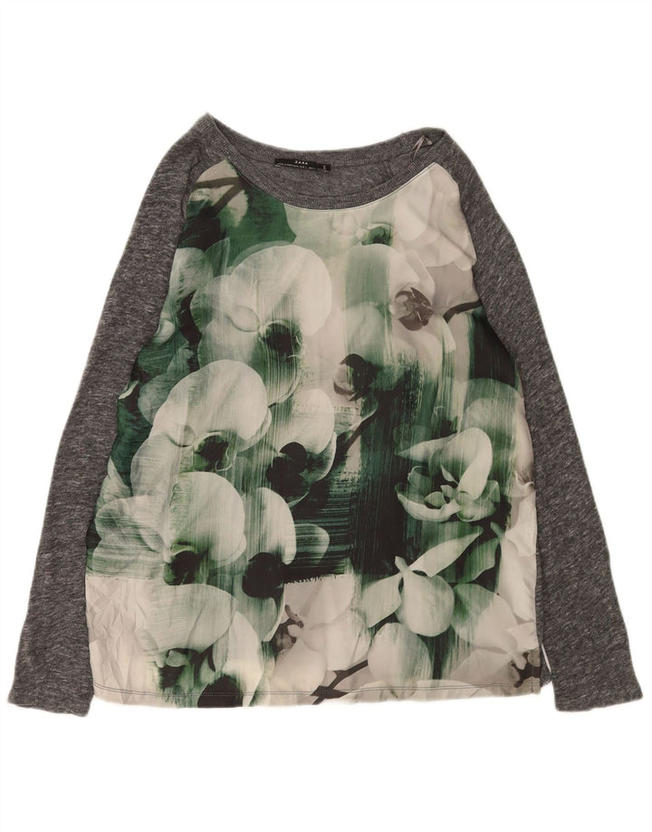 Zara Womens Blouse Top UK 16 Large Grey Floral
