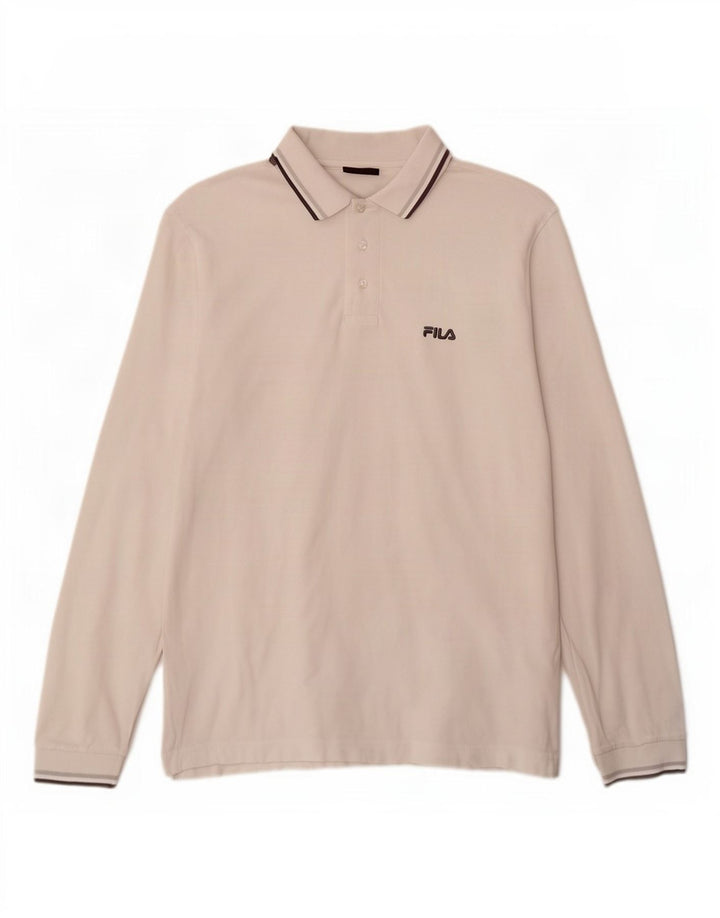 Fila Mens Long Sleeve Polo Shirt Medium White Striped Cotton