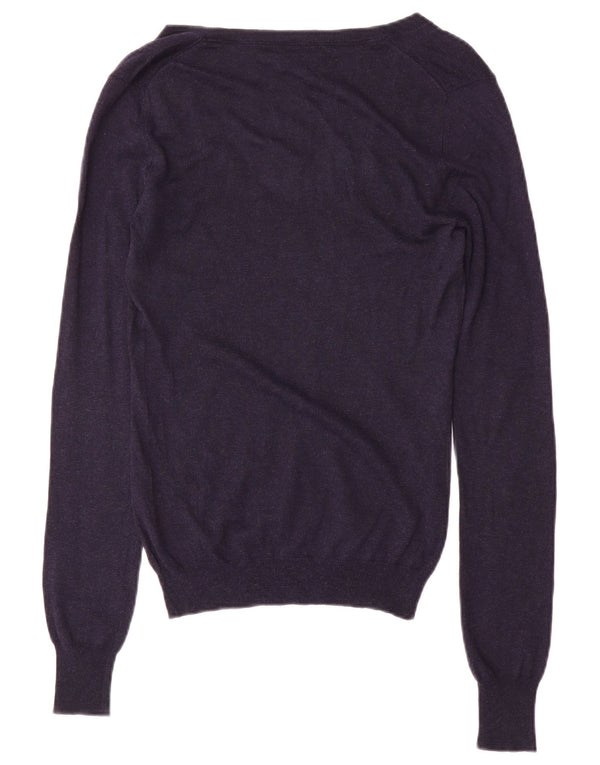 Massimo Dutti Womens V-Neck Jumper Sweater UK 12 Medium Navy Blue Silk