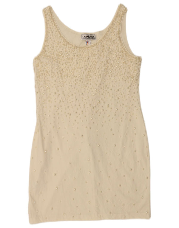 Abito tubino senza maniche vintage da donna EU 42 grande cotone beige