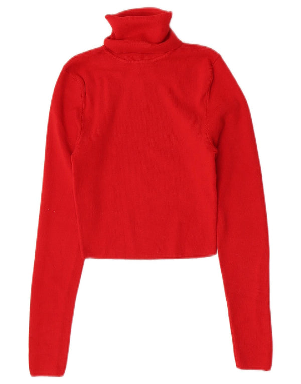 Zara Femme Haut Court Col Roulé Manches Longues UK 12 Viscose Rouge Moyen
