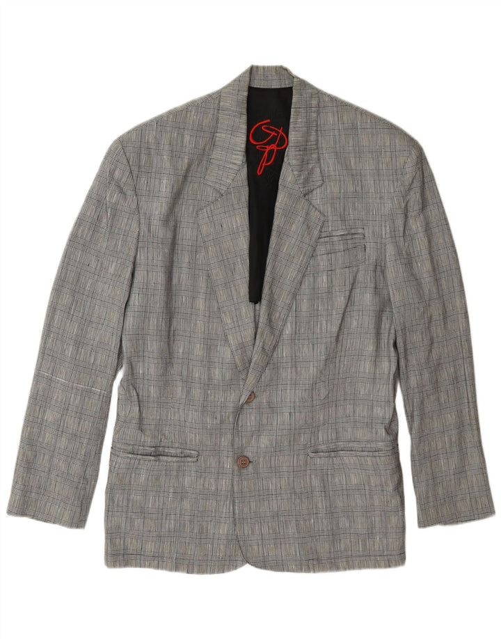 Vintage hombres 2 botones Blazer chaqueta Reino Unido 36 pequeño gris Houndstooth lino